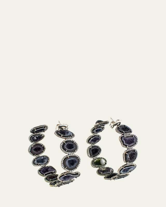 18K White Gold Twilight Geode and Diamond Hoop Earrings with Black Rhodium